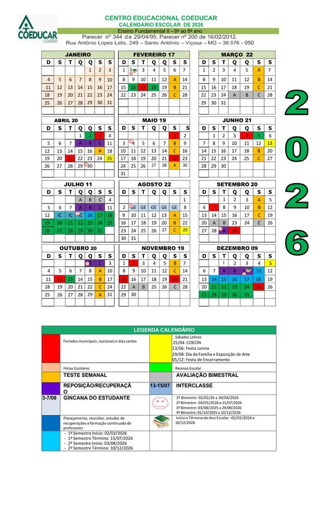 Calendário escolar 2026 do Coeducar, Ensino Fundamental II, 6º ao 8º ano