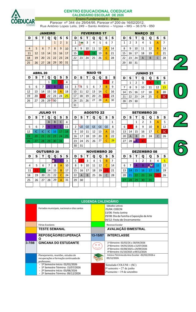 Calendário escolar 2026 do Coeducar, Ensino Fundamental II, 9º ano
