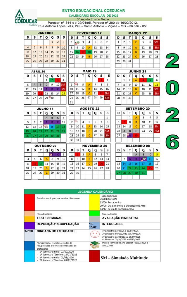 Calendário escolar 2026 do Coeducar, Ensino Médio, 3º ano